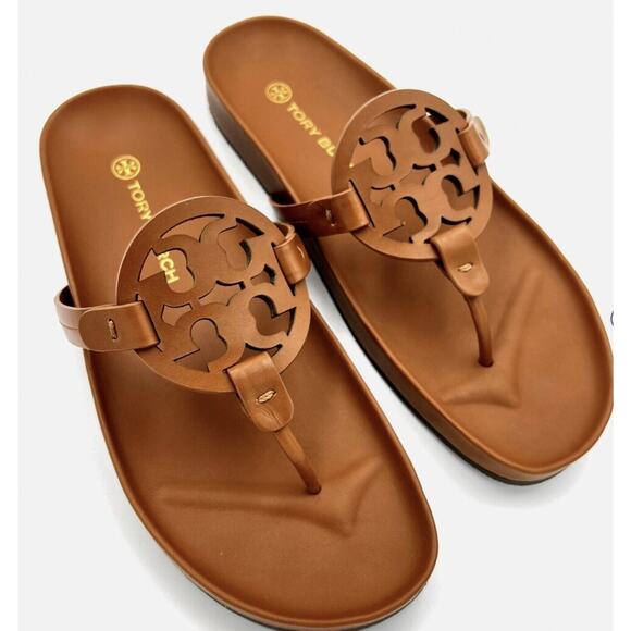 🔴SOLD TORY BURCH Miller Cloud Calf Leather Sandals Brown Aged Camello Size 8.5 - Picture 1 of 16